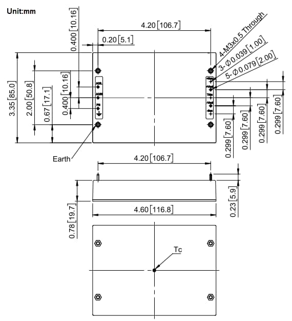 Mechanical Drawing - Cincon CBM300S AC-DC Brick Power Supplies